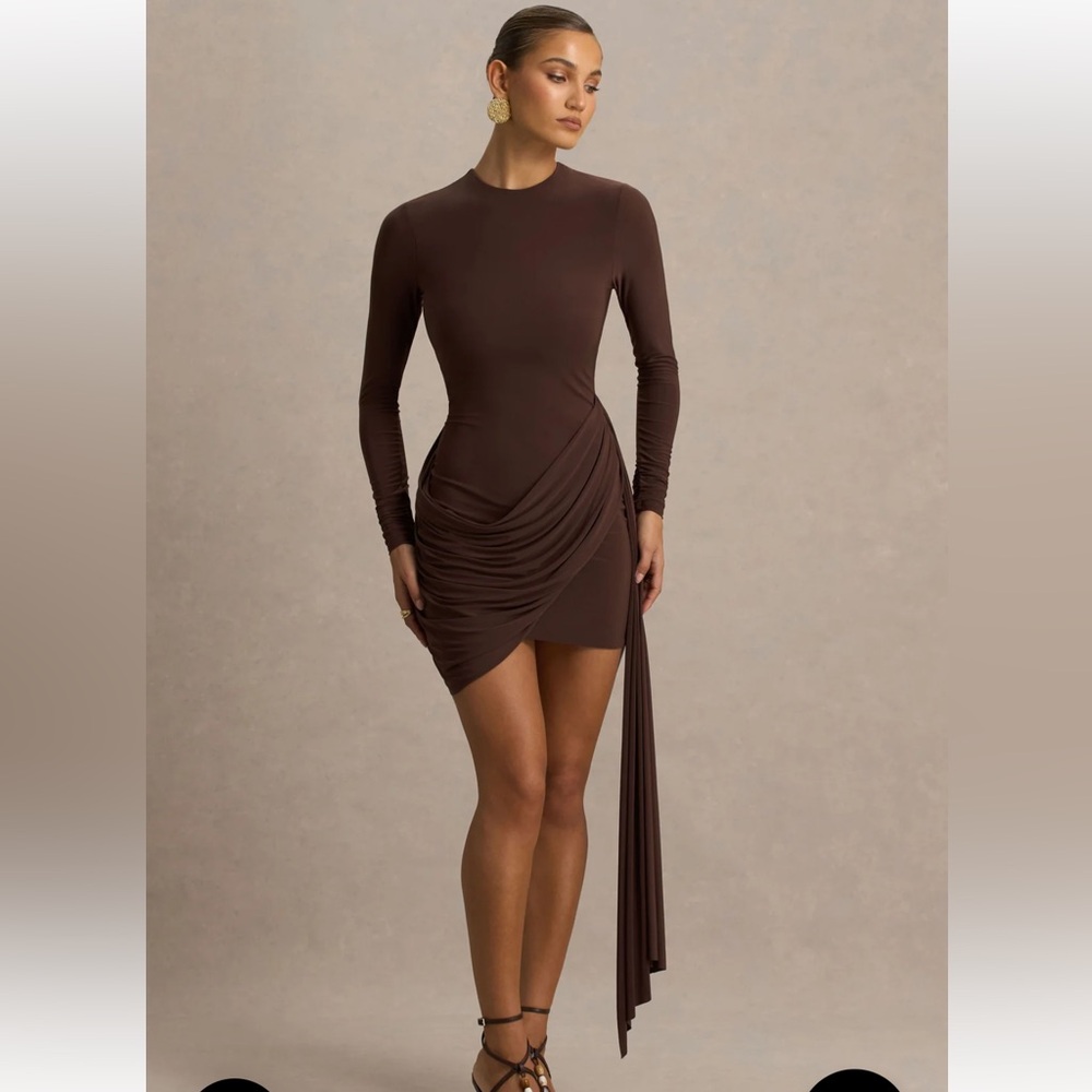 Club L London Calista Hot Chocolate Brown Long-Sleeve Draped Mini Dress